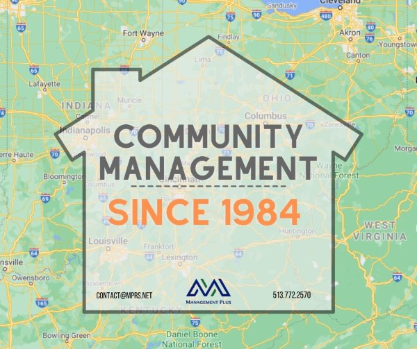 Map of Ohio and a house outline that says community manaemement since 1984.